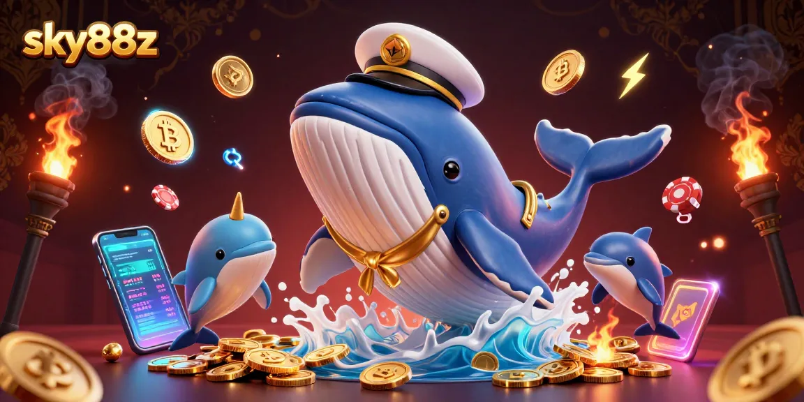 Engage with sky88z's vibrant casino illustration featuring whales and crypto elements.