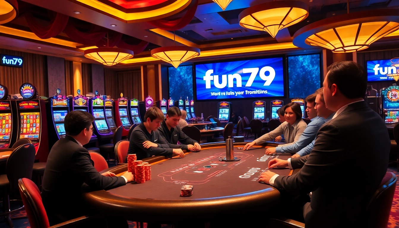 Experience high-stakes excitement at fun79's vibrant casino with lively tables and colorful chips.