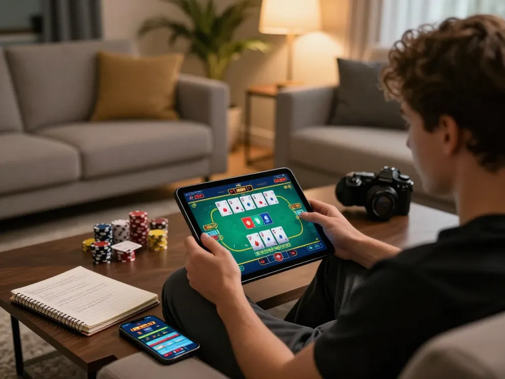 Enjoying gameplay at a credit card casino with a tablet and strategy notes