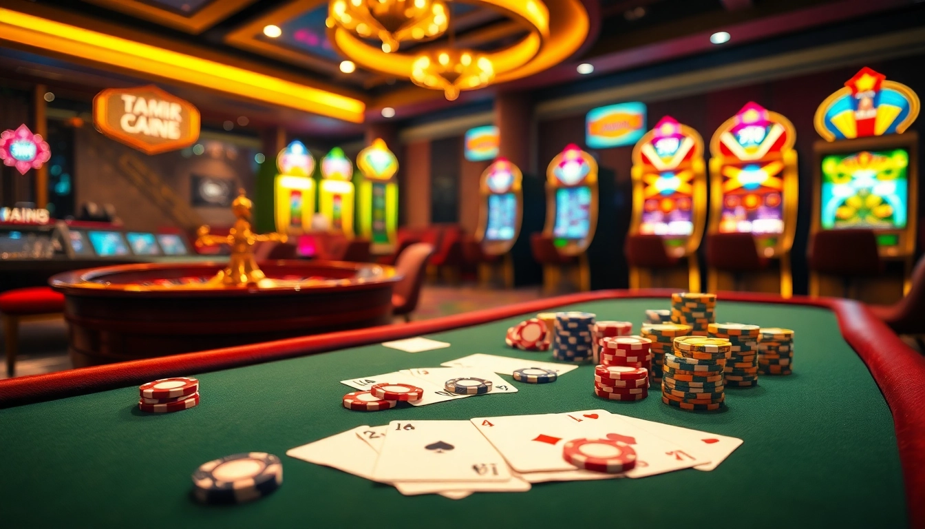 Engage with TT88's premium casino environment featuring vibrant poker chips and exciting slot machines.