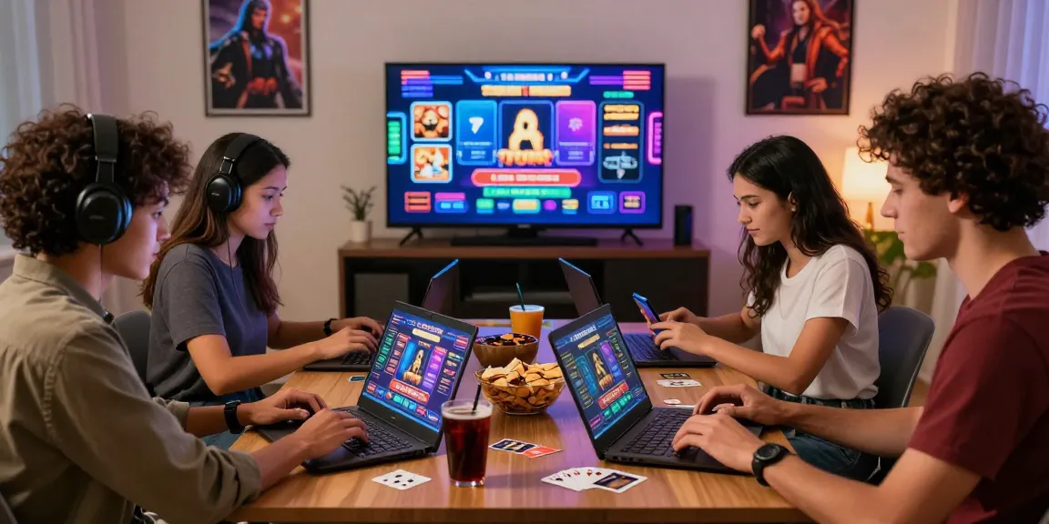 Friends enjoying gaming at a credit card casino with laptops and snacks