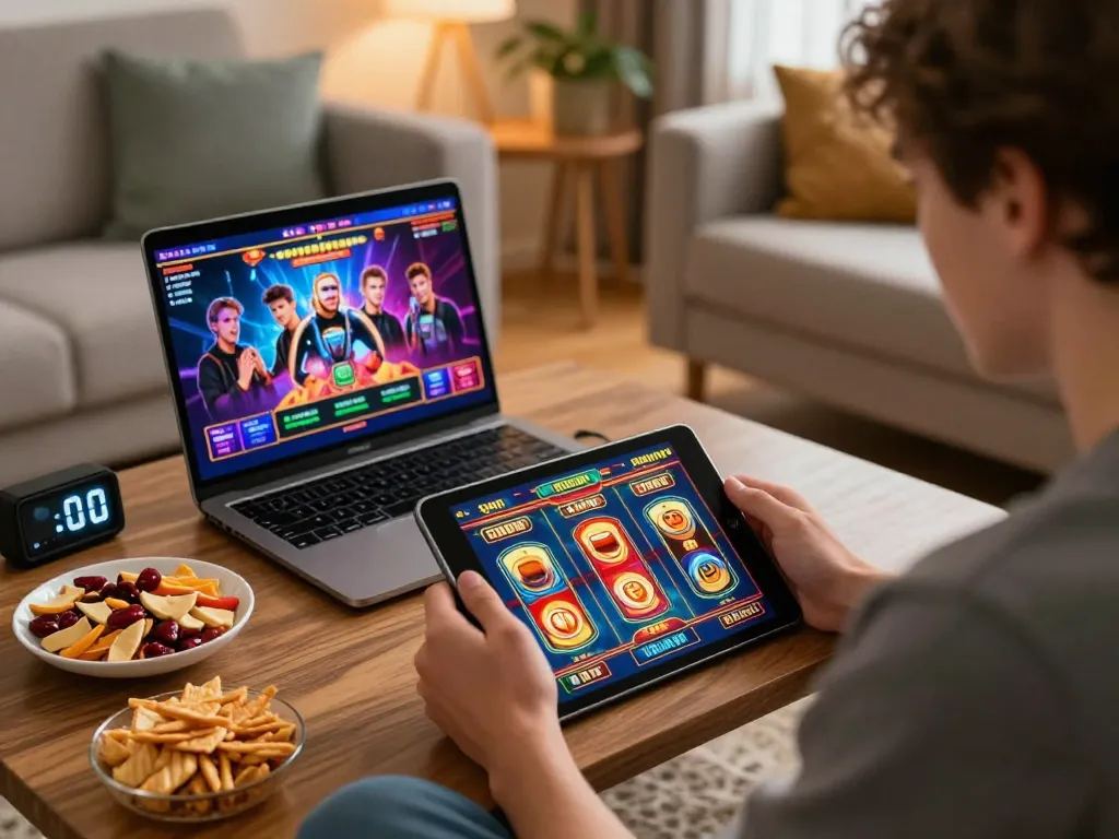 Player enjoys online slots on tablet at home illustrating 99ok's vibrant gaming experience.