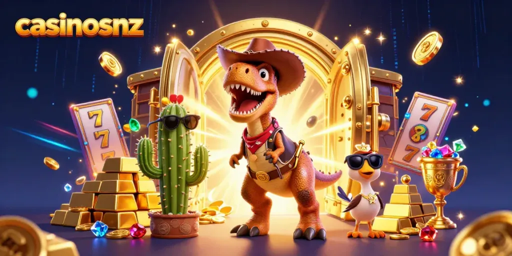 Experience the thrill of casinosnz with a dynamic scene featuring T-Rex and casino elements.