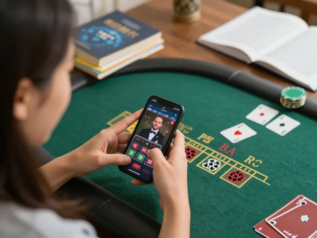 RR88 player engaging in live blackjack on smartphone in cozy home setting