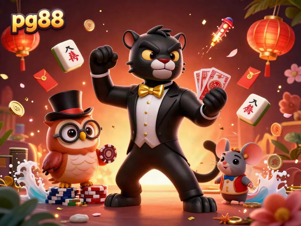 Experience the excitement of pg88's online casino with a stylish panther dealer and enchanting scene.