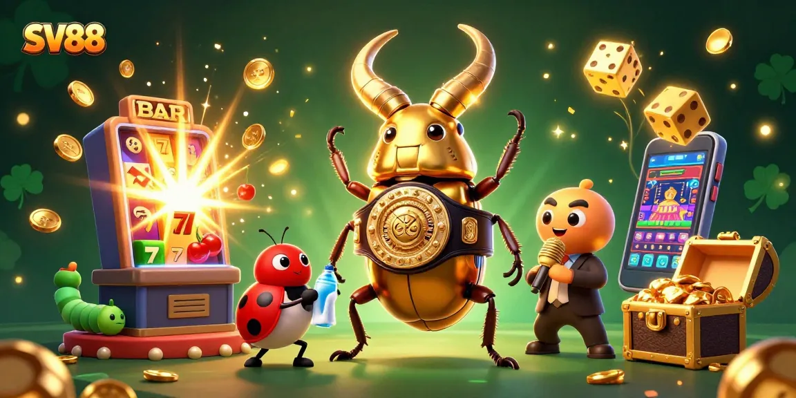 SV88 captures a vibrant scene of a golden stag beetle boxing champion with casino elements erupting around.