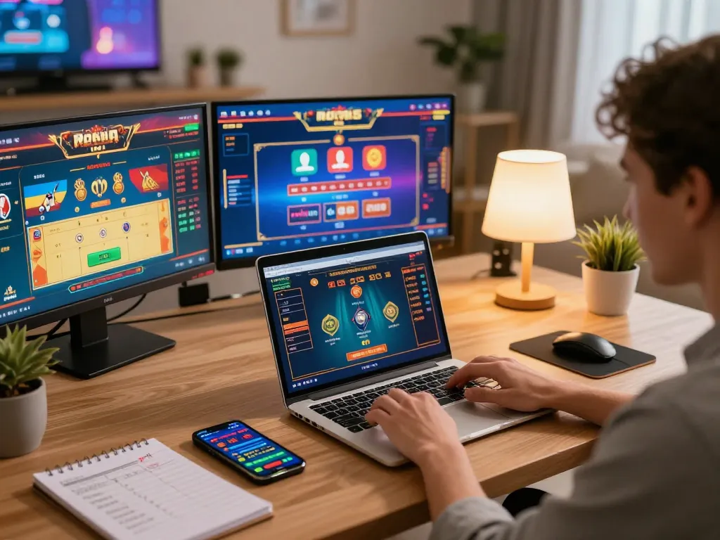 Engaged player enjoying mb66 online casino action on laptop, surrounded by gaming accessories.