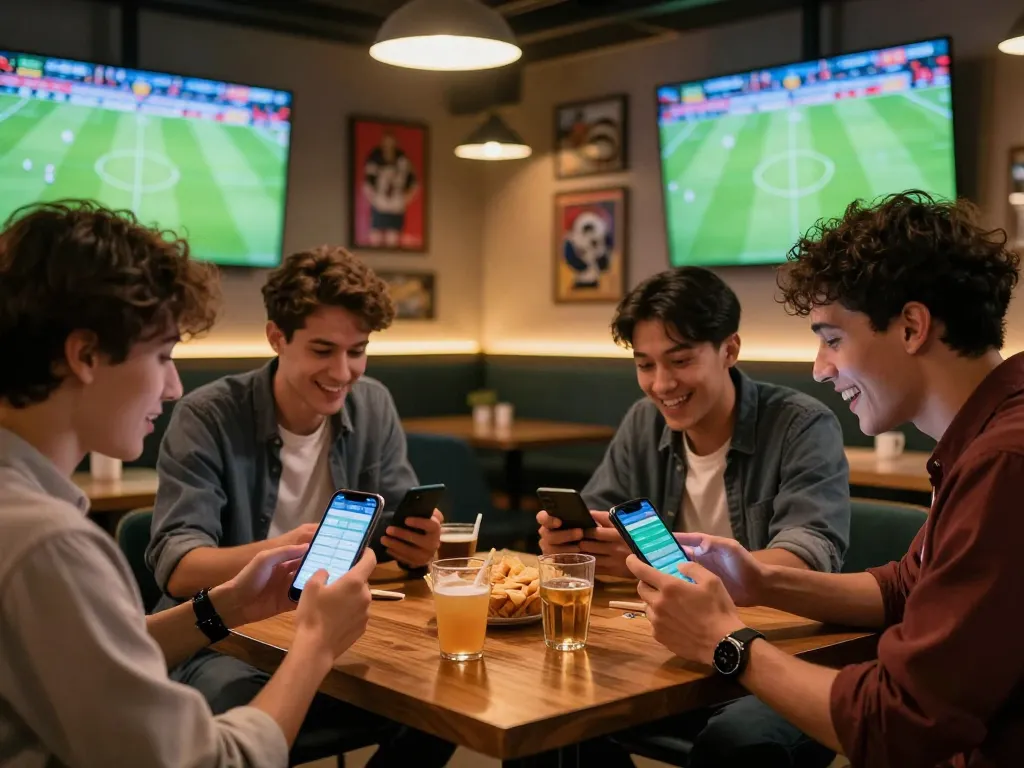 Group of friends enjoying online betting at bong99 during a live sports event in a modern lounge