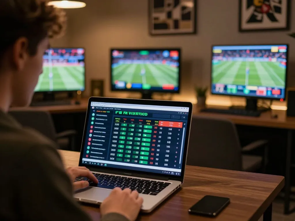 Soi kèo nhà cái analysis in a cozy sports betting setup, showcasing live odds and events on screens.