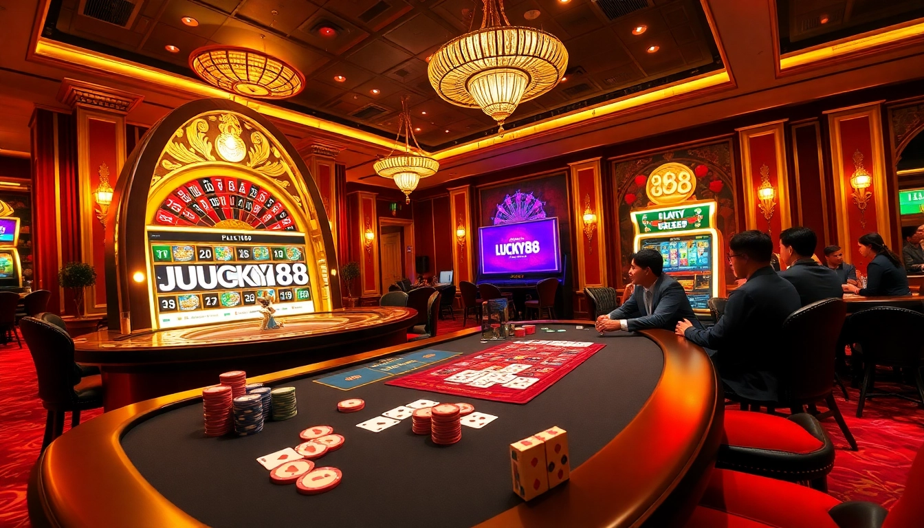 Players enjoying the LUCKY88 slot machine in an exciting casino atmosphere.
