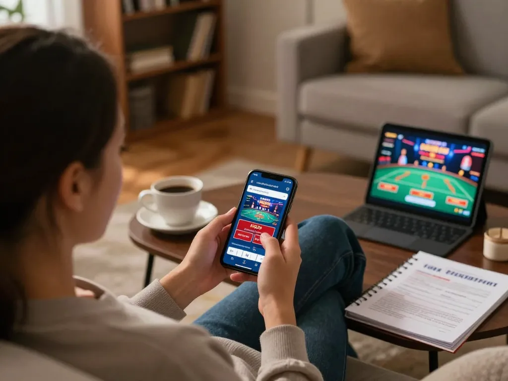 Player enjoying NK88 gaming app on smartphone while relaxing at home, blending strategy and leisure