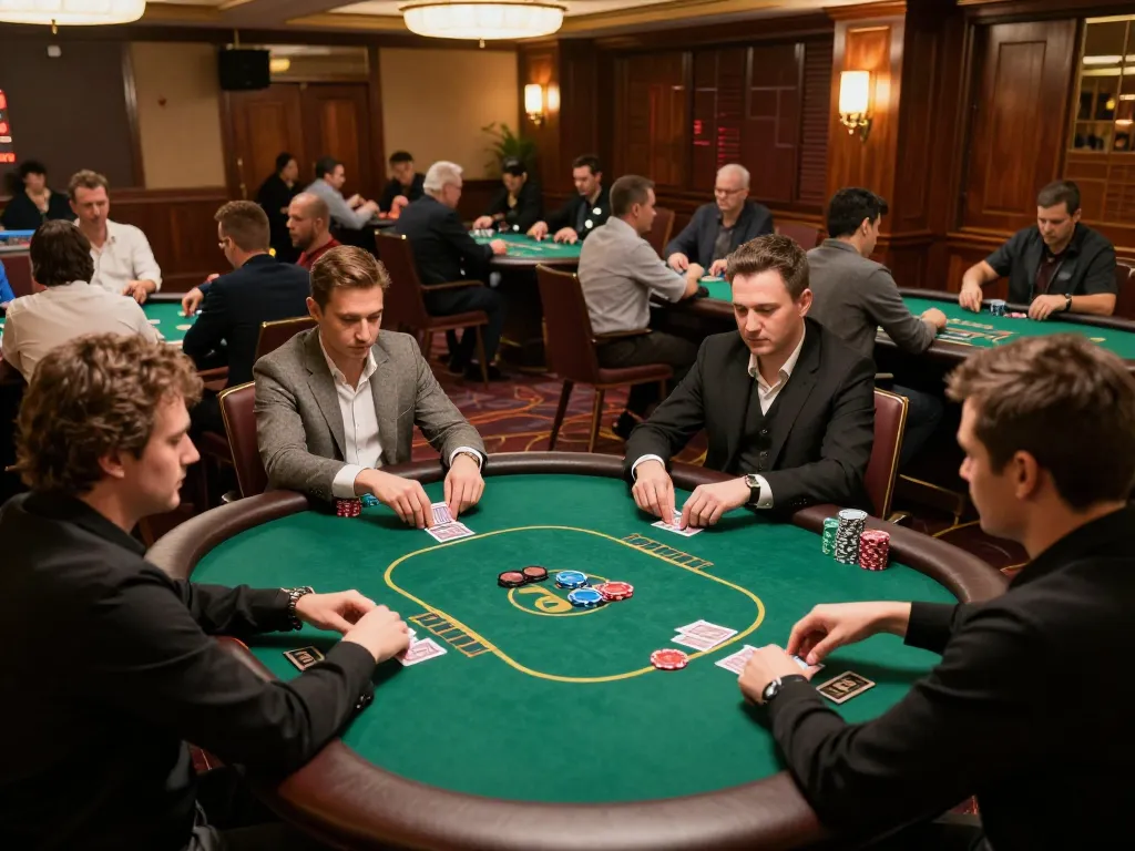 Players strategizing their bets at the 7M poker tournament on a vibrant casino floor.