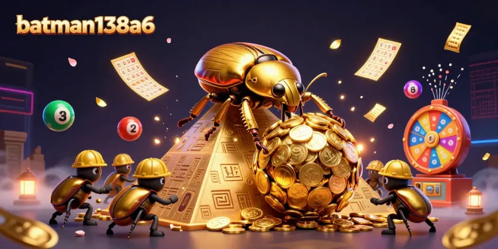 Engage in thrilling gaming at batman138a6 with vibrant casino elements, dynamic lottery balls, and golden rewards.