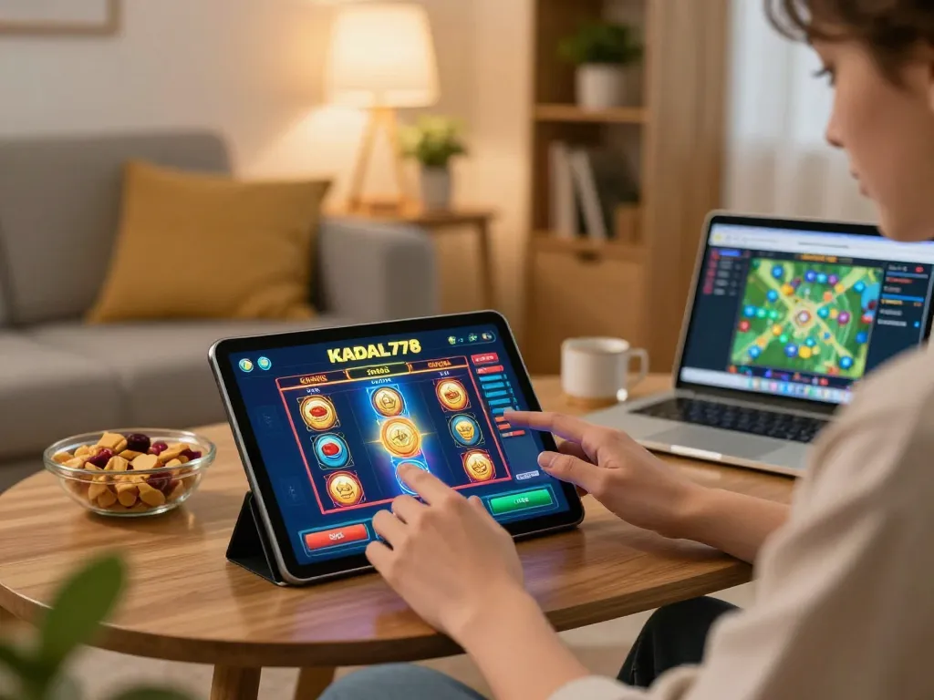 KADAL778 online gaming setup with a player engaged in exciting slot games on a cozy tablet