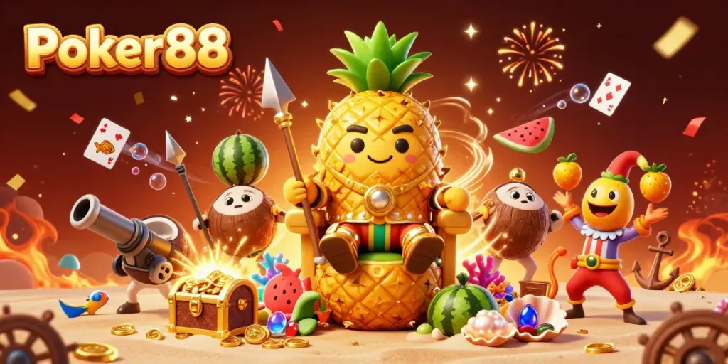 Engage in exciting games at Poker88 with a vibrant casino scene featuring a royal pineapple surrounded by fun elements.