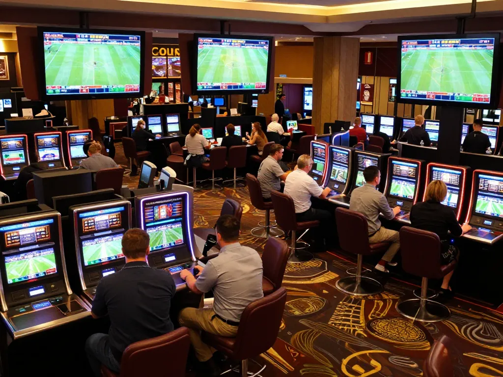 Betting on Tỷ Lệ Bóng Đá at a bustling casino sports betting area with high-energy atmosphere.