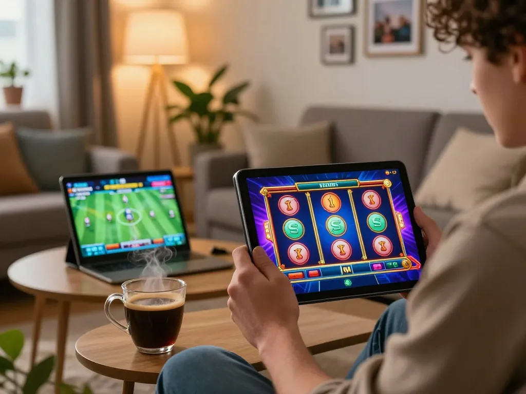 Experience thrilling gaming action with LGOSUPER on a tablet in a cozy home setting