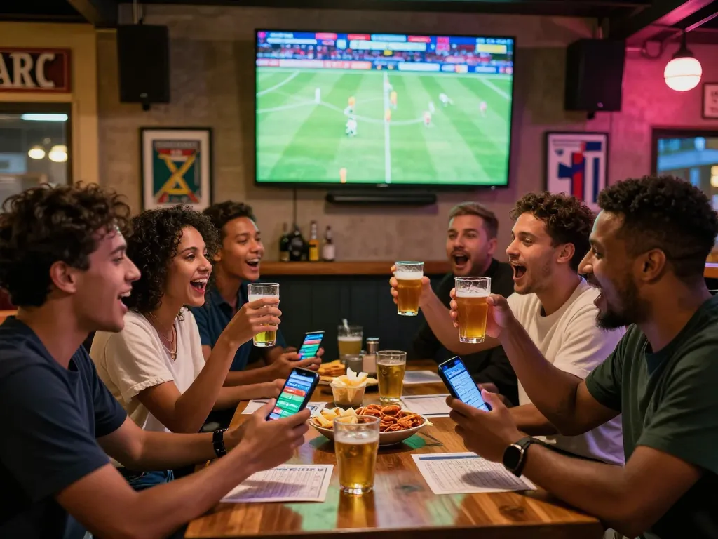 Exciting sports betting South Africa scene with friends cheering for soccer while using a betting app in a lively bar.