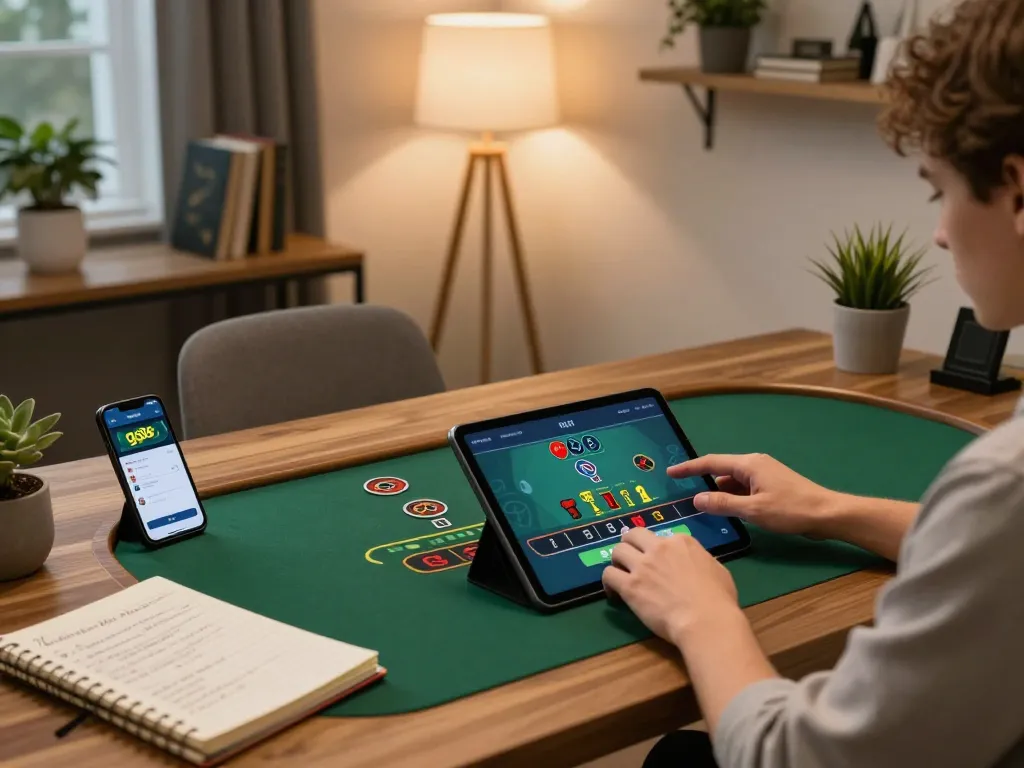 Person enjoying online gaming on the gg88 app in a stylish home office.