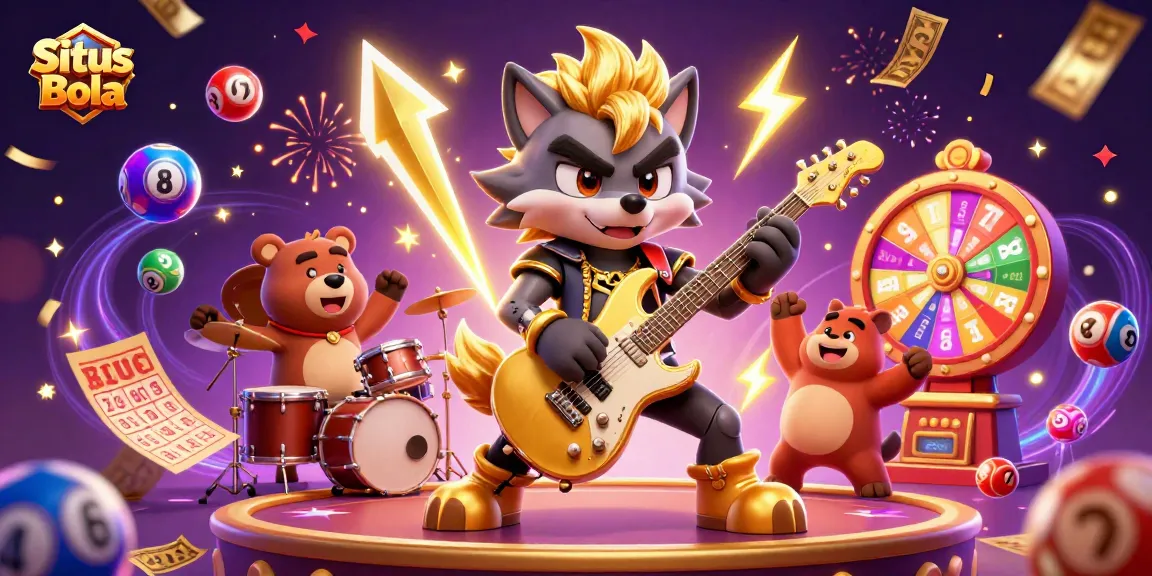 Situs Bola showcases a dynamic casino illustration featuring a rock star wolf and drummer bear amidst vibrant gaming elements.