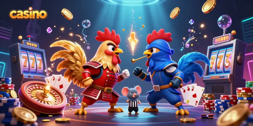 Experience an epic casino showdown with samurai and ninja roosters amidst dynamic gambling elements.