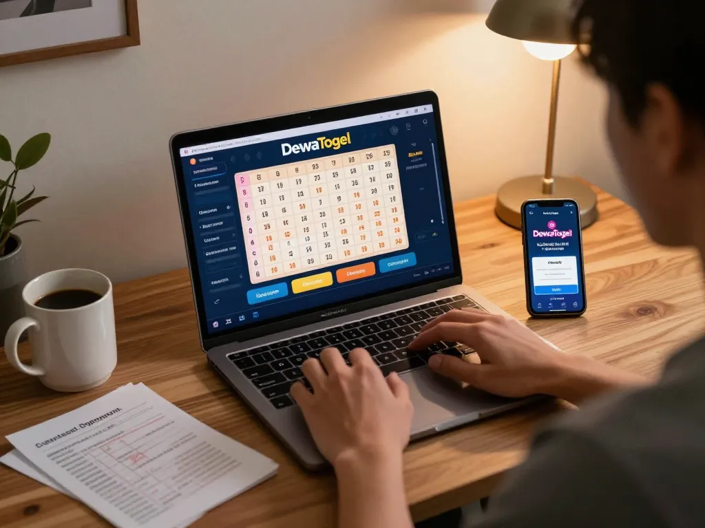 DewaTogel Link Alternatif Login Terbaru shown on a laptop while a player engages in online gambling.