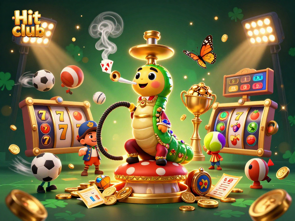 Hit club illustrated with a vibrant scene of a hookah-master, slot reels, and flying sports elements.
