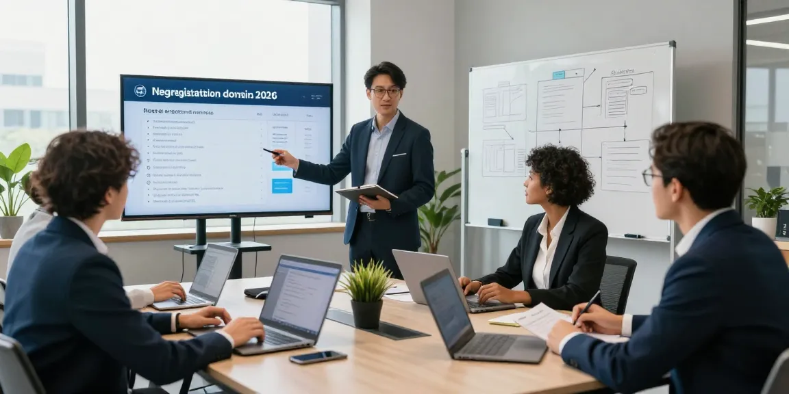 A diverse team discussing a new registration domain list strategy in a modern office setting.