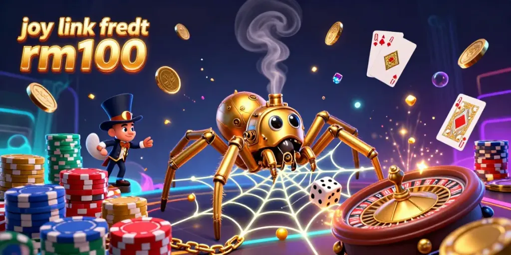 Experience joy link free credit rm100 in a vibrant 3D scene showcasing exciting casino elements like roulette wheels and poker chips.