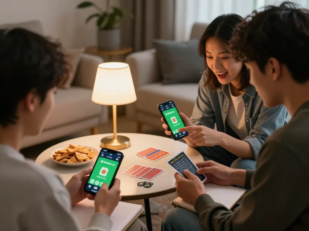 Two friends engaging with the kebet betting app, calculating odds in a cozy living room.