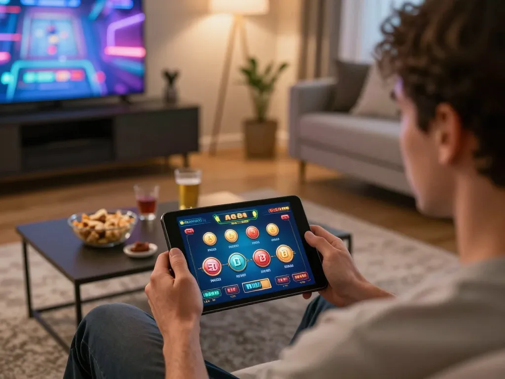Player engaging with ALO8 online casino on tablet in cozy home setting, enjoying an immersive gaming experience