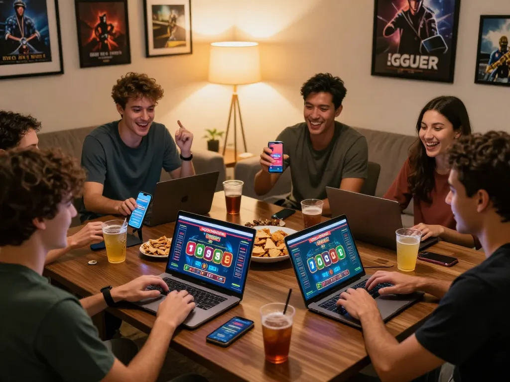 Friends celebrating wins on LGOSUPER in a cozy home gaming session with mobile devices