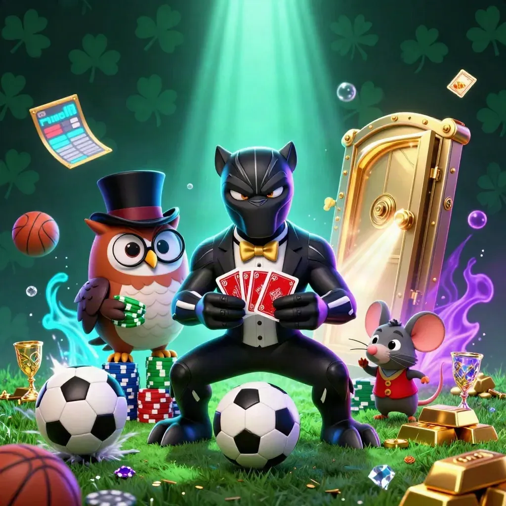 Panther, owl, and mouse amid casino loot, a soccer ball burst, and neon treasure glow