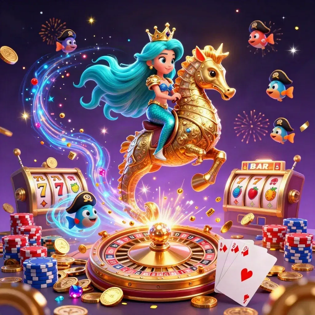 Mermaid princess on armored seahorse amid casino treasure, reels, cards, coins, and magic sparks.