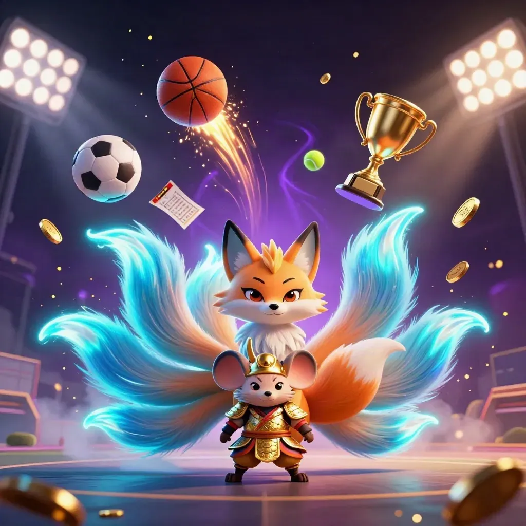 Neon fox spirit and armored mouse amid flying sports balls, gold trophy, coins, and stadium light.