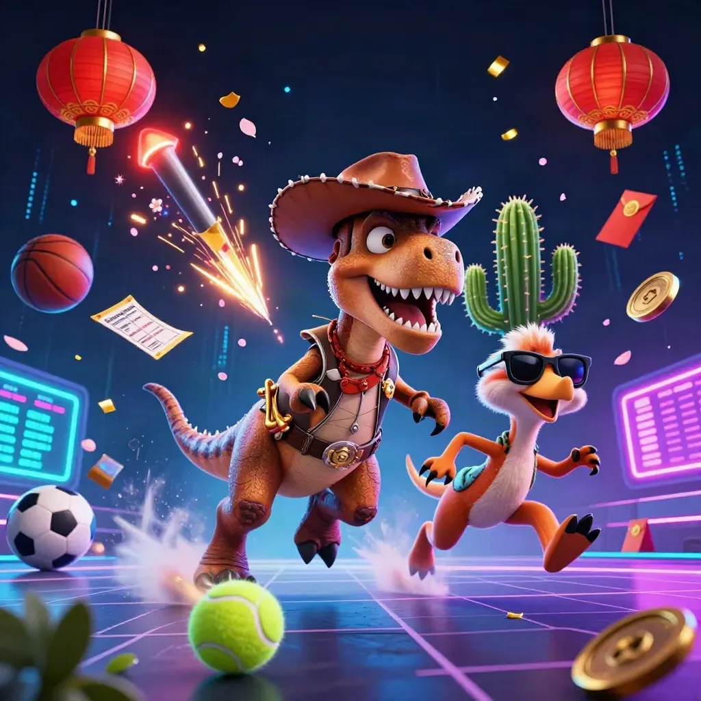 Cowboy T-Rex, cactus and roadrunner explode around a flying tennis ball in neon casino light.