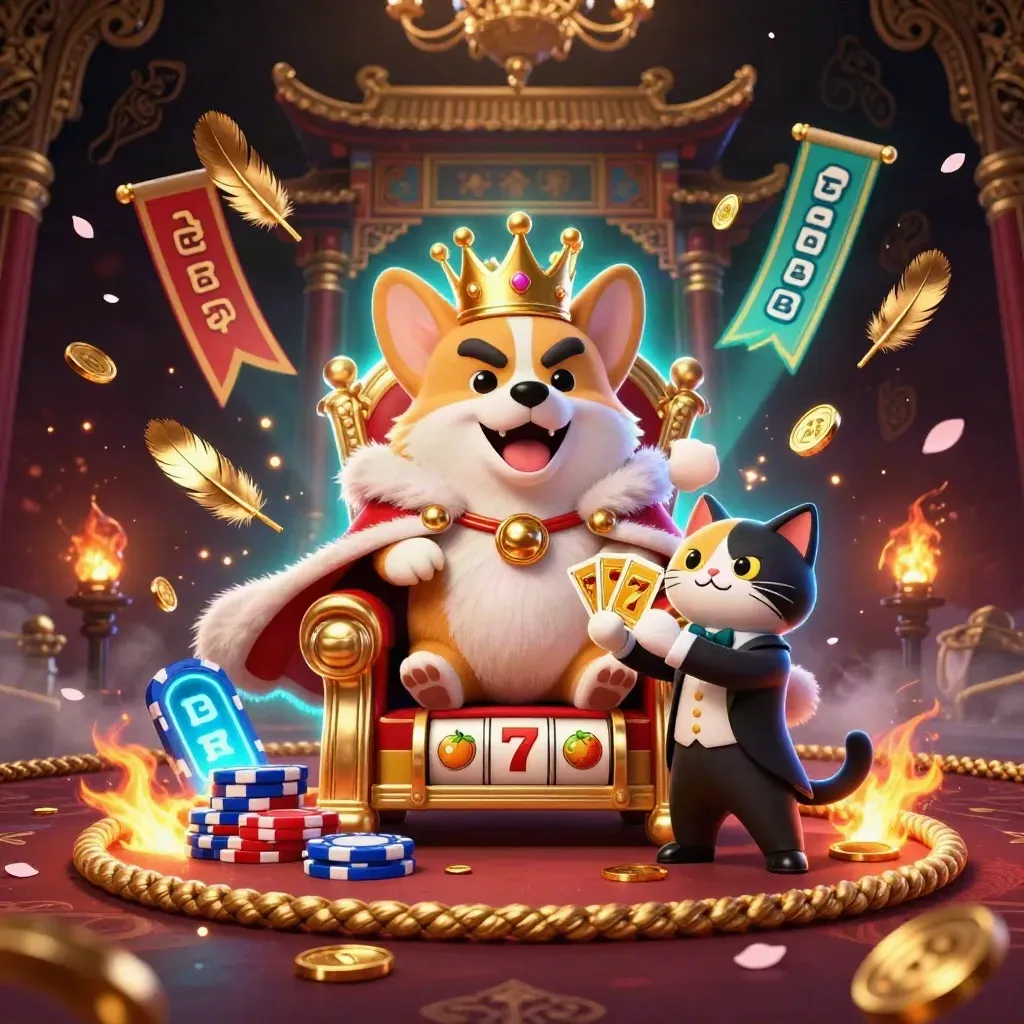 Royal corgi and cat butler amid casino treasure, neon temple gate, petals, and glowing slot symbols.