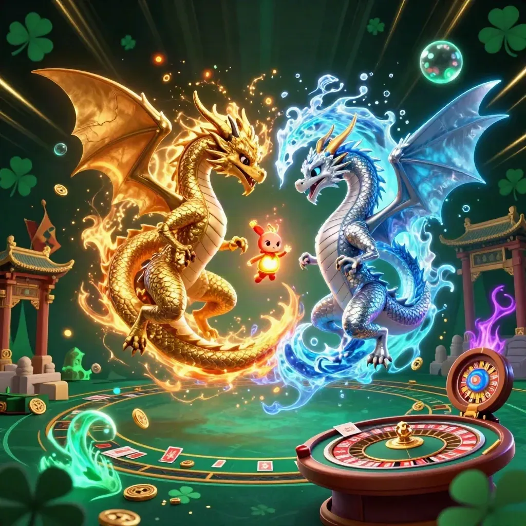 Gold and silver dragons spiral in fire and ice above casino props and glowing temple lights.