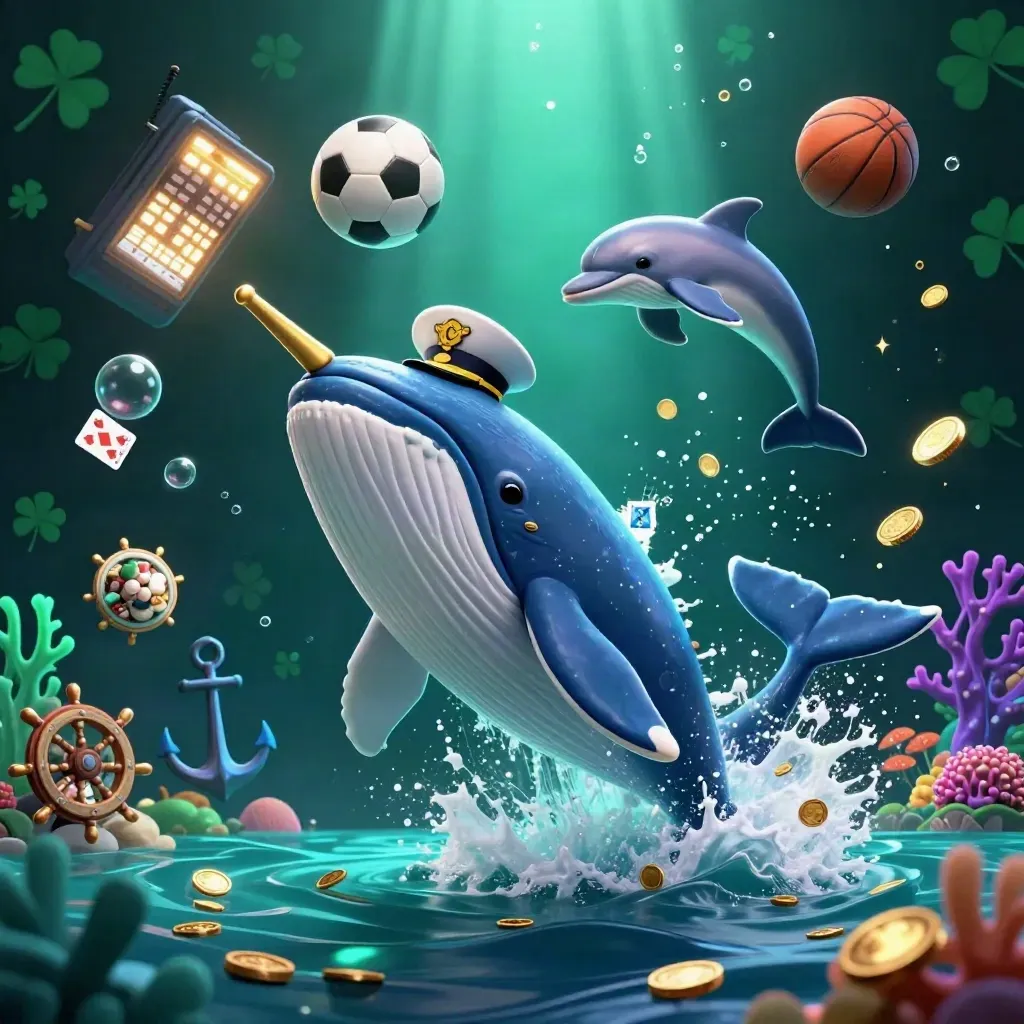 Whale captain, narwhal and dolphins burst through coins with sports balls and neon underwater glow.