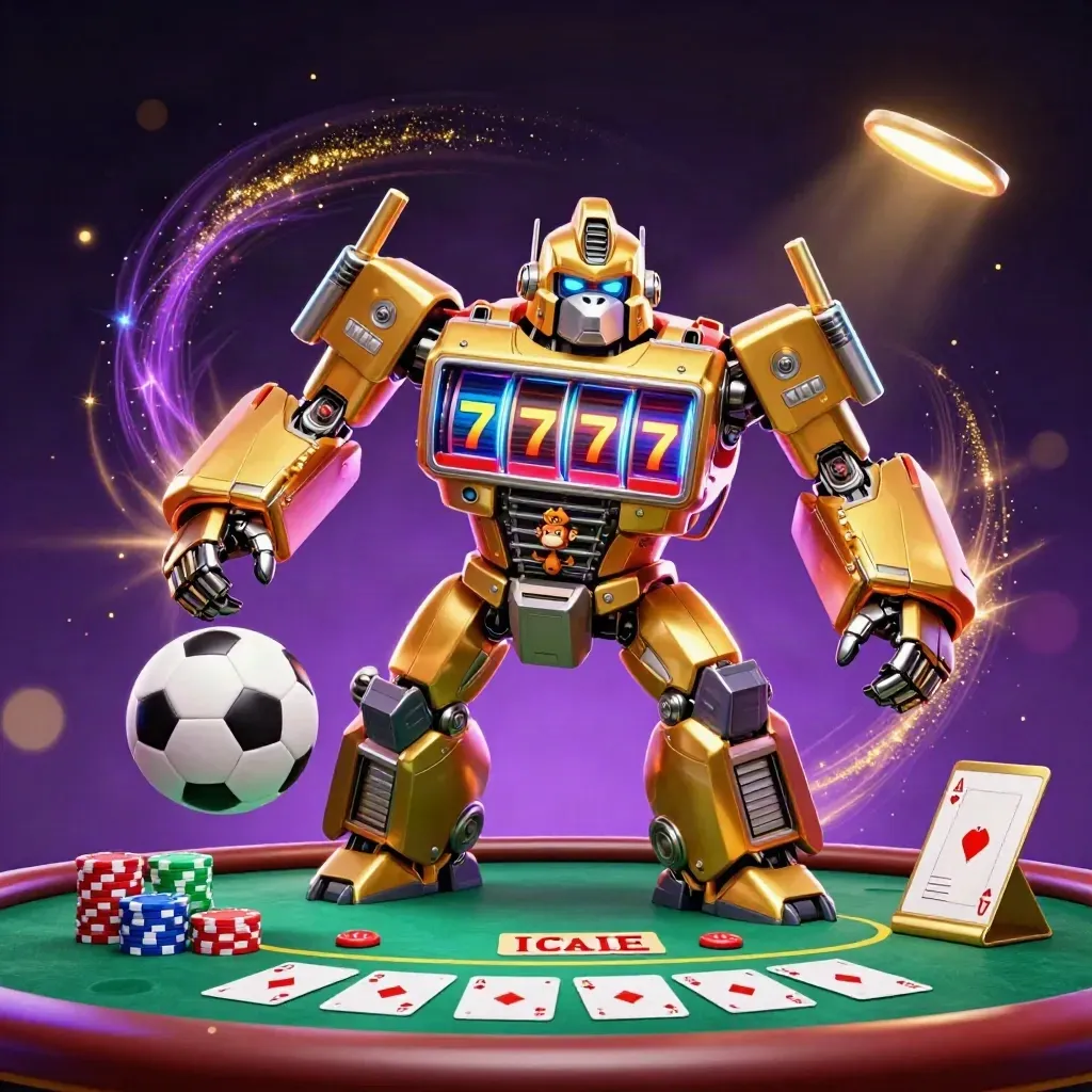 Golden gorilla mech with monkey pilot amid poker chips, cards, balls and neon casino sparks.