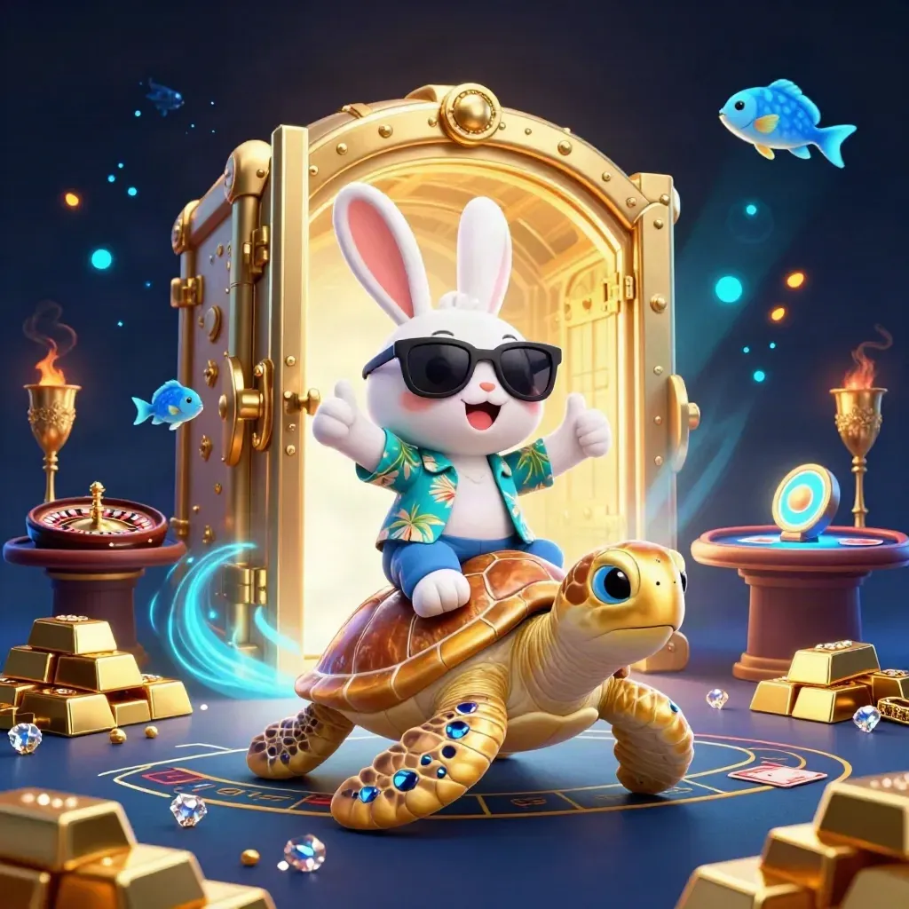 Lucky rabbit on a golden sea turtle amid vault light, gold bars, gems, and cyan casino glow