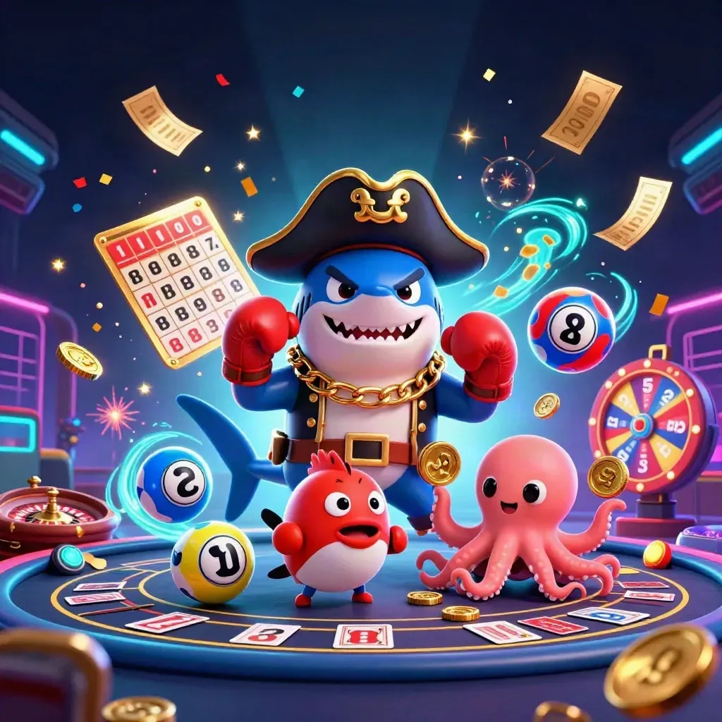 Cartoon pirate shark, pufferfish, and octopus in a neon casino with spinning prizes and fireworks.