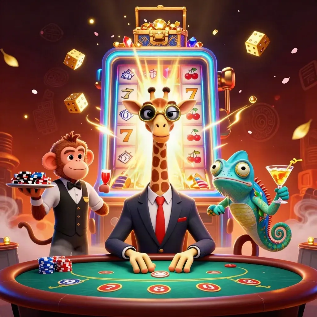 Giraffe VIP crew amid exploding slot machine, gold, dice, and neon casino glow.