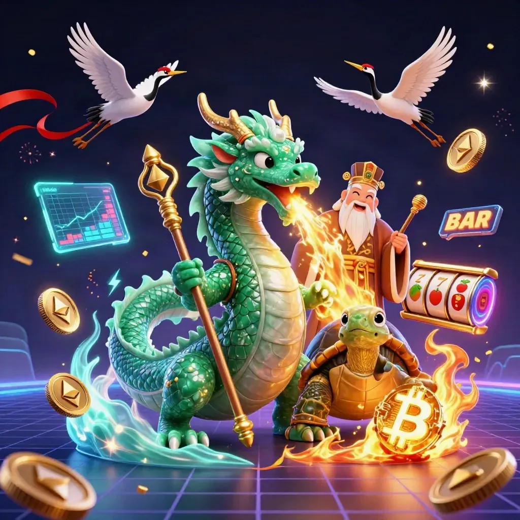 Jade dragon, turtle sage, and cranes amid casino symbols, coins, lightning, and neon sparks