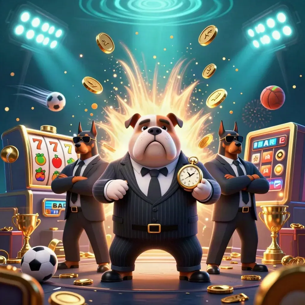 Bulldog boss with Doberman guards amid casino coins, sports balls, trophy and beams.
