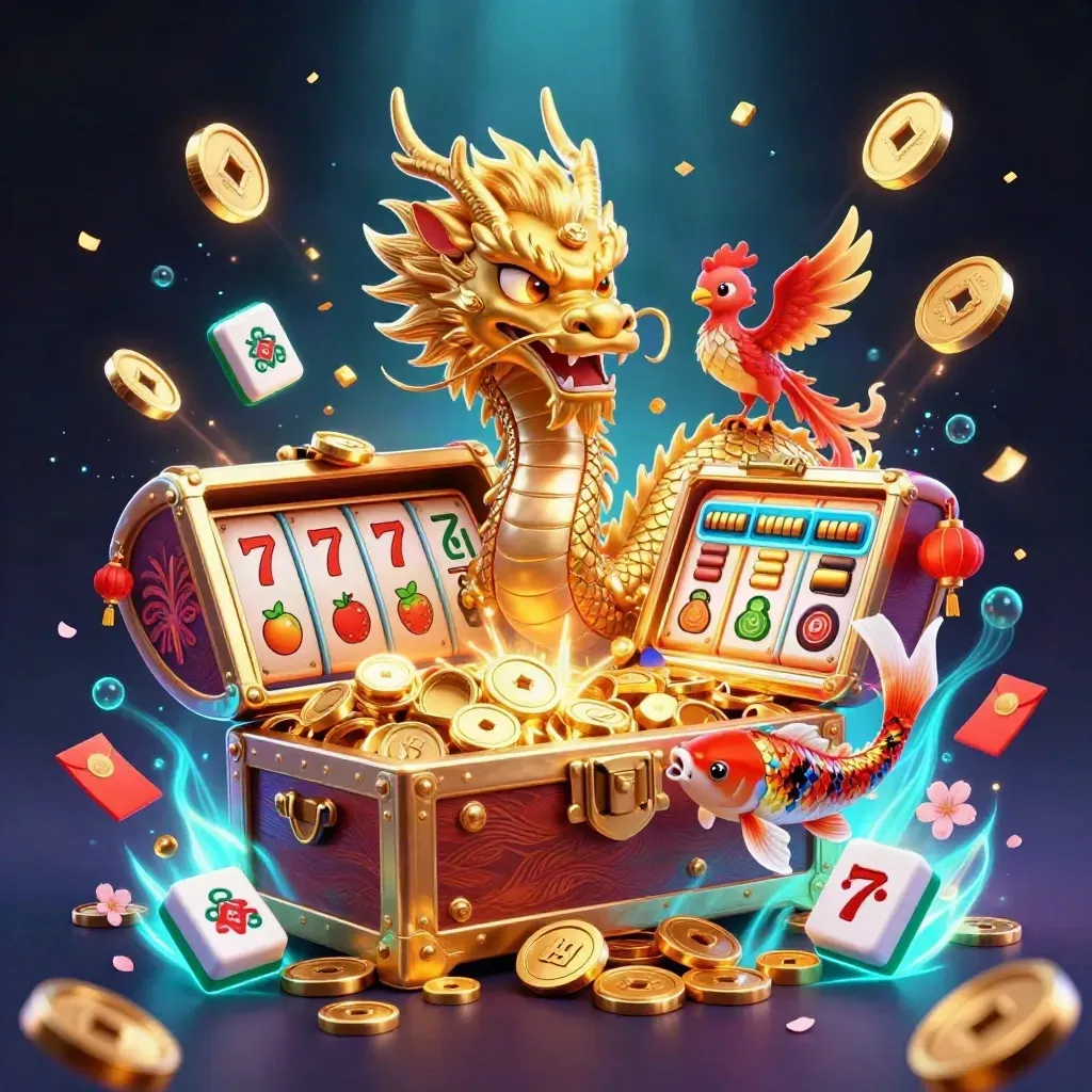 Golden dragon, phoenix, koi and casino treasures burst in neon light over a dark glowing backdrop.