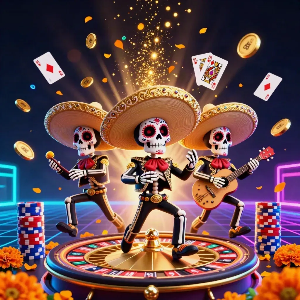 Day-of-the-Dead skeleton mariachi trio amid coins, chips, cards, roulette wheel, and neon casino glow.