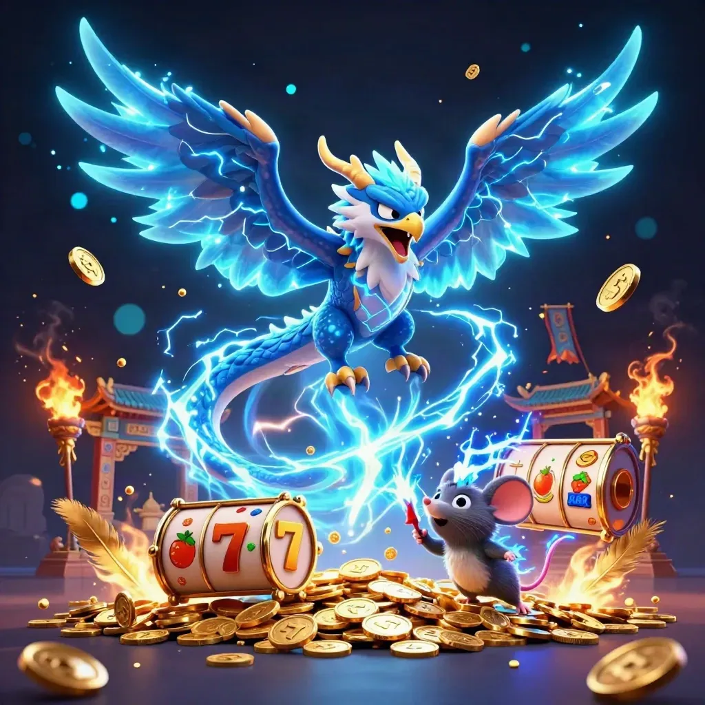 Thunder dragon, wind hawk, and static mouse amid casino treasure, lightning, and temple gates