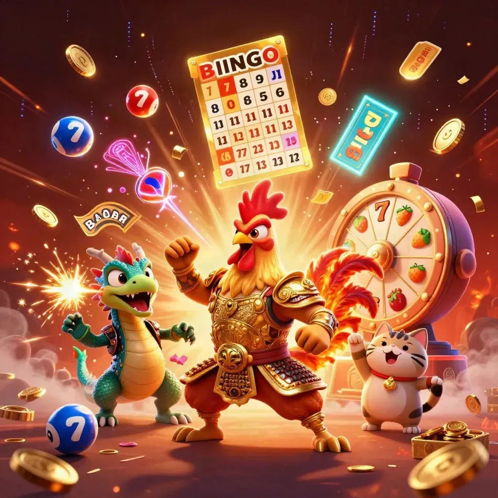 Rooster samurai, spark-breathing hatchling and cheering fortune-cat amid casino loot and neon effects.