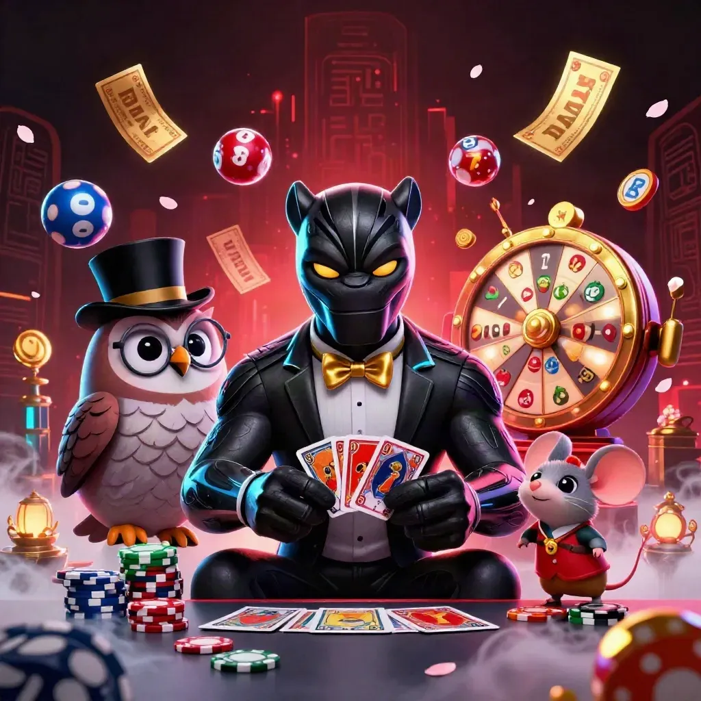 Black panther, owl, and mouse amid glowing casino reels, chips, and spinning prize icons.